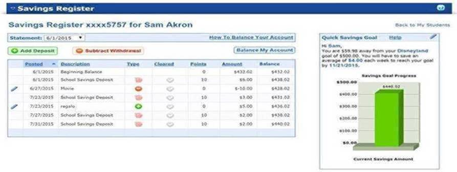 Example School Savings register showing deposits, withdrawals and a savings goal chart